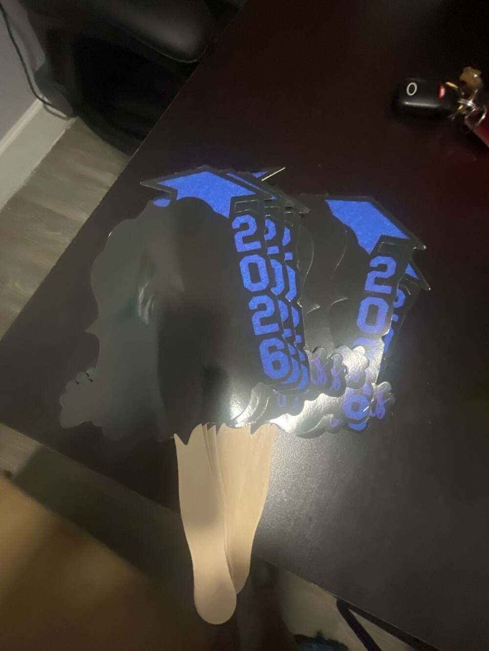 Class of 2026 Graduation Paddle Hand Fan with Blue Glitter Cap and Congrats Text